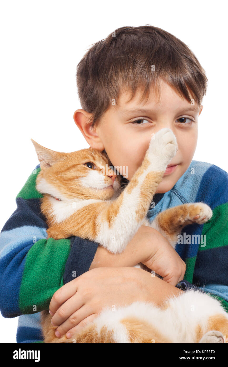 Junge spielt mit seiner Katze. Isolation auf Weiß Stockfoto