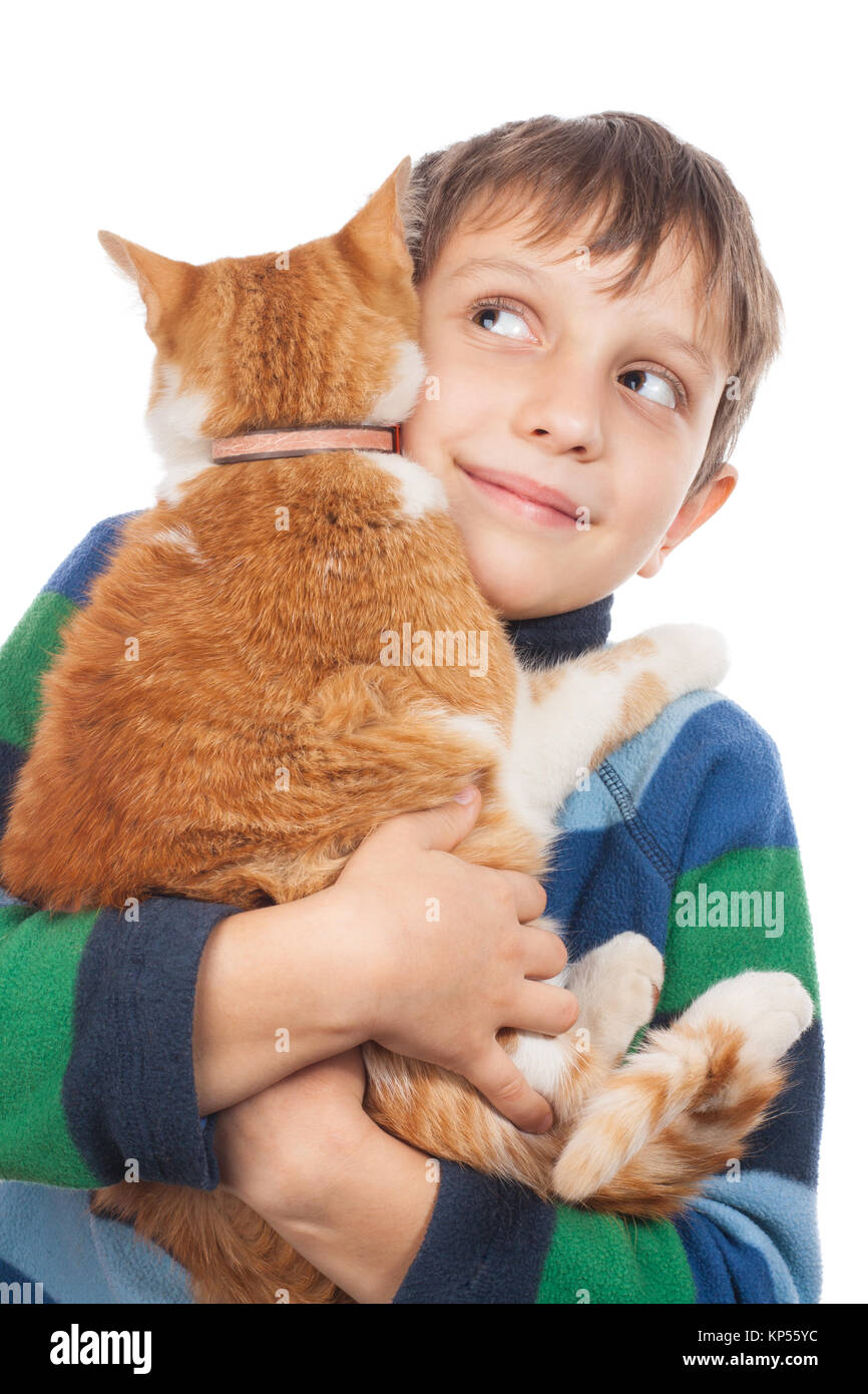 Portrait der Junge mit seiner Katze. Isolation auf Weiß Stockfoto