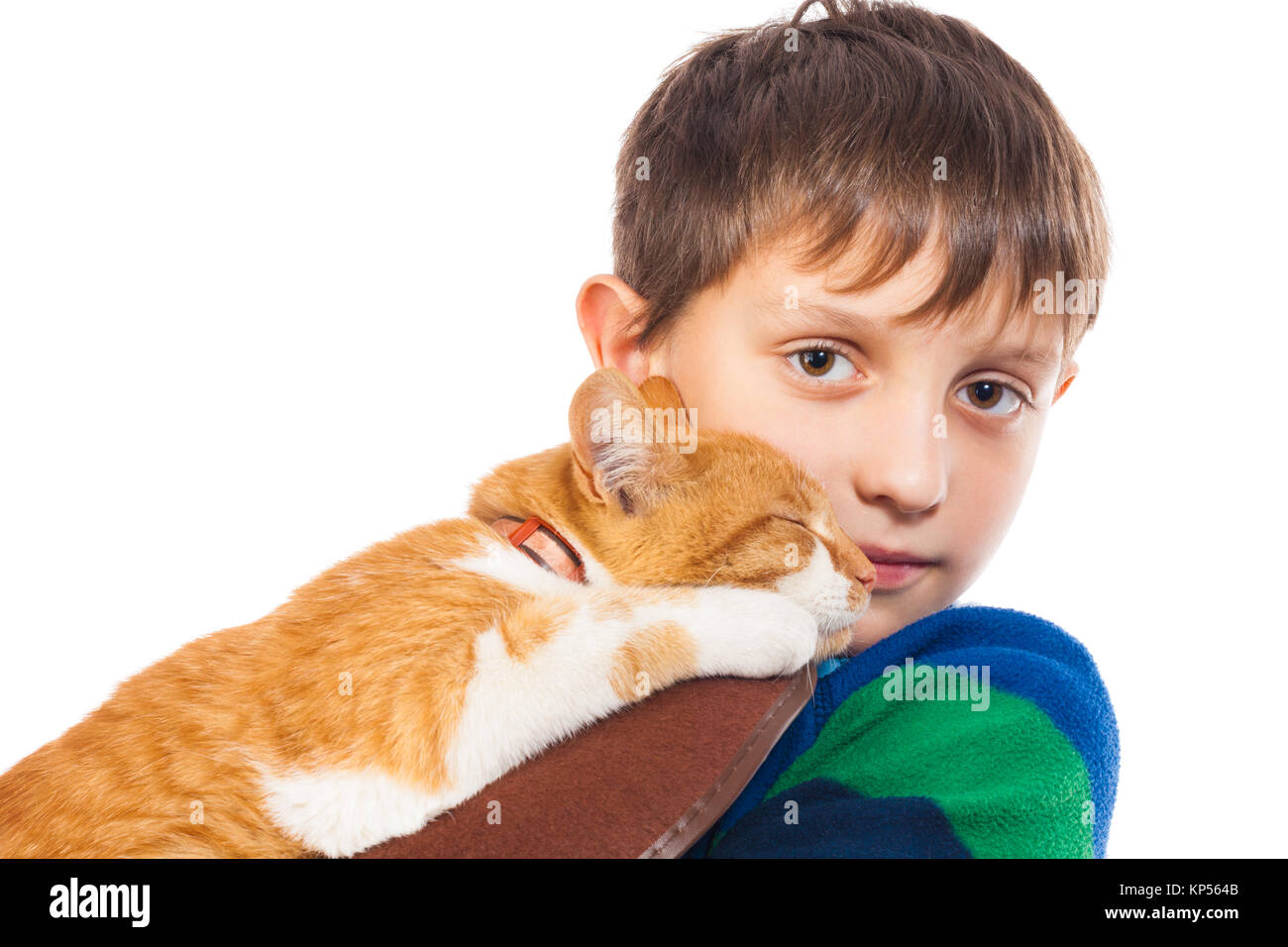 Der Junge mit dem Darling Red cat. Auf weiß Isoliert Stockfoto