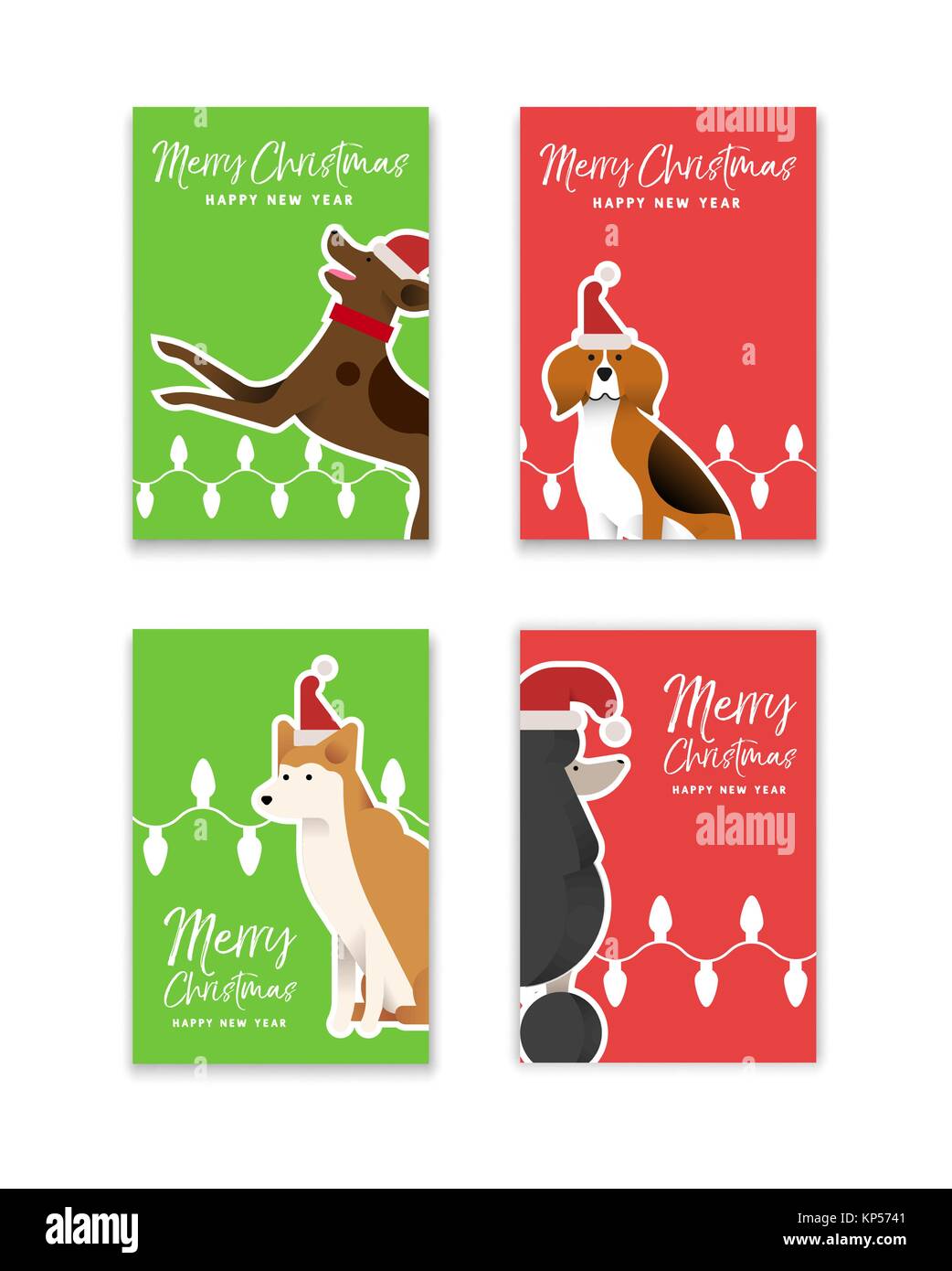 Frohe Weihnachten Frohes Neues Jahr Grußkarte mit lustigen Hund Illustrationen im flachen Stil eingestellt. Mit Beagle, Deutscher Schäferhund und Pudel Rassen. EPS 10v Stock Vektor
