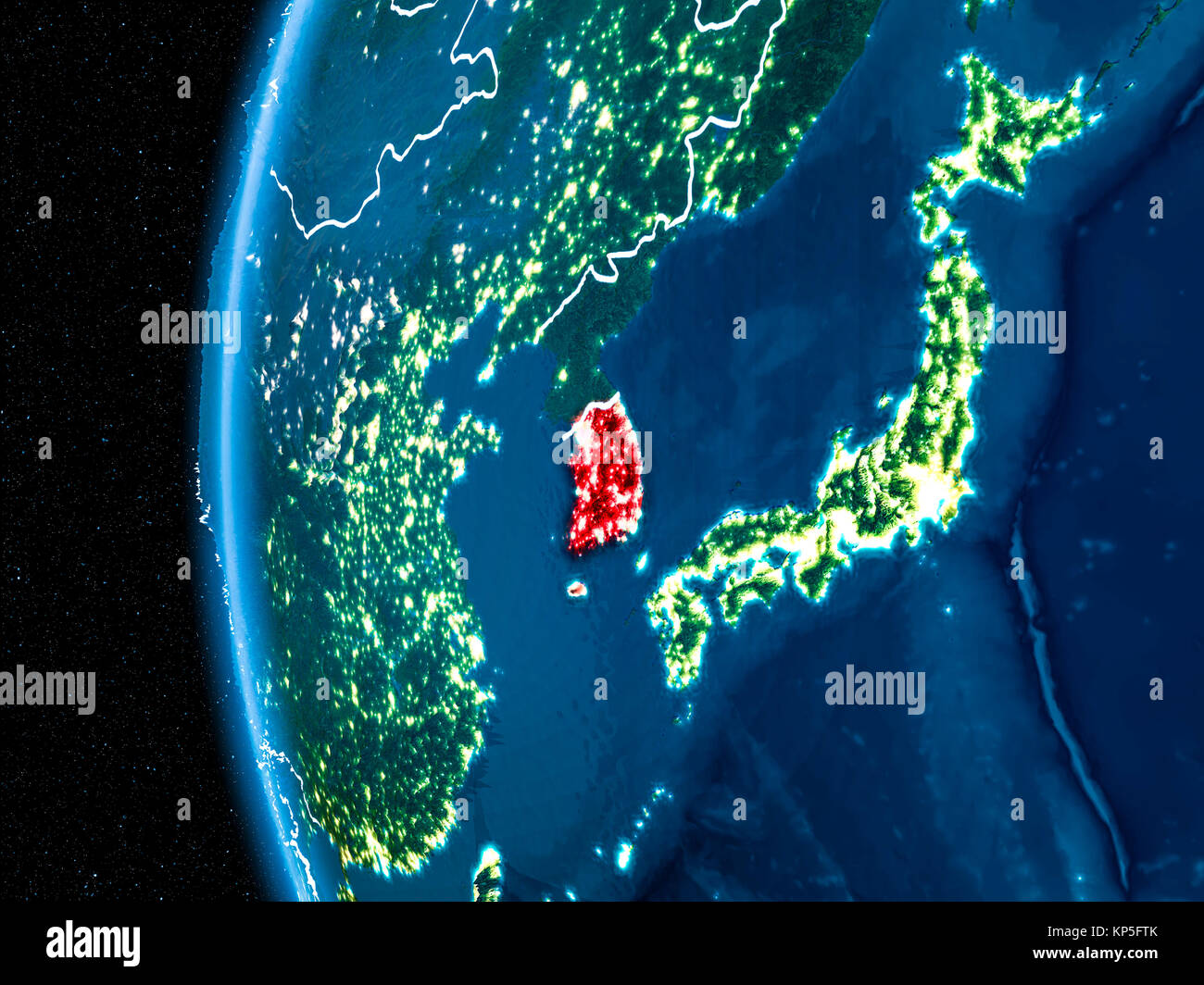 Platz orbit Ansicht von Südkorea in Rot hervorgehoben auf dem Planeten Erde bei Nacht mit sichtbaren Grenzen und die Lichter der Stadt. 3D-Darstellung. Elemente der Stockfoto