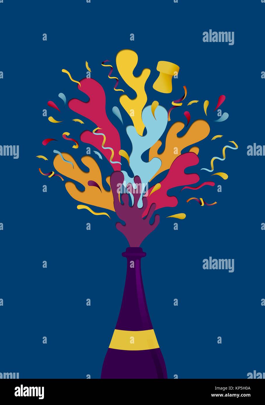 Frohes Neues Jahr Abbildung: Champagner Flasche mit bunten Konfetti Explosion. Ideal für Urlaub Grußkarte oder Party Einladung. EPS 10 Vektor. Stock Vektor