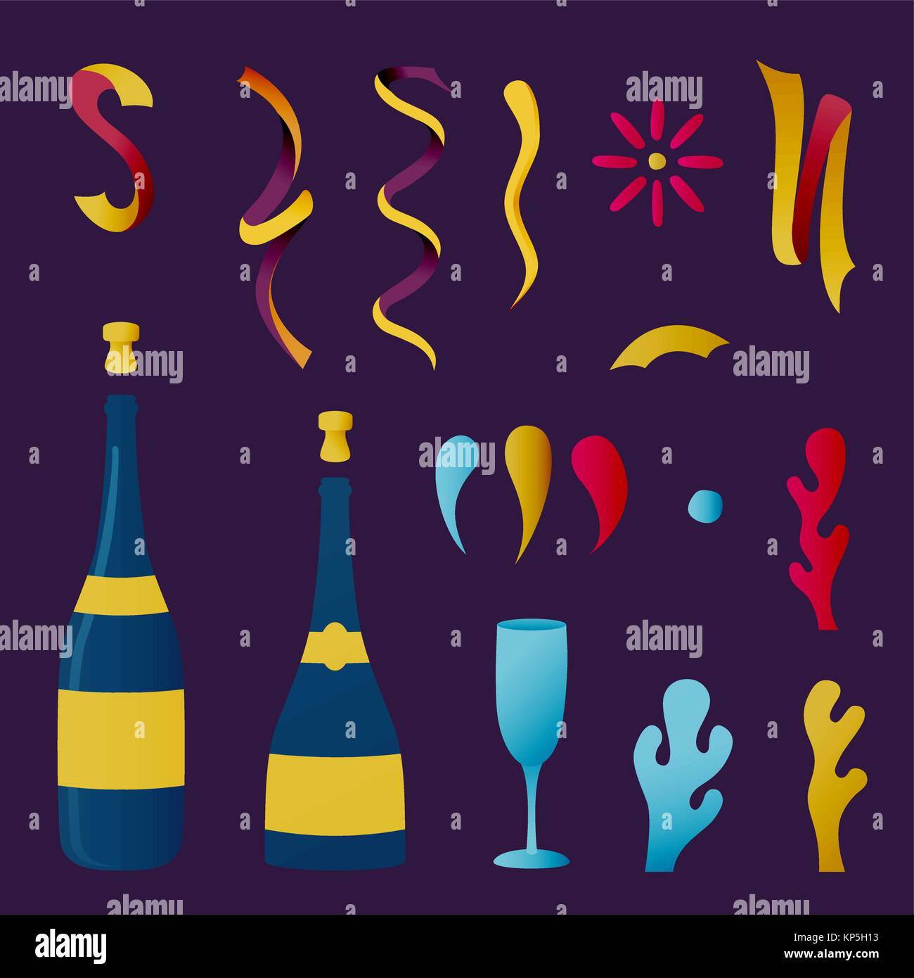 Flasche Champagner Feier, Party trinken Elemente für besondere Veranstaltungen oder Urlaub. Mit Konfetti, Trinkglas, und Dekoration. EPS 10 Vektor. Stock Vektor