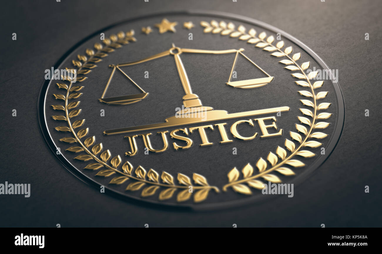 Waage der Gerechtigkeit geprägtes Symbol Design mit goldenen Folie über schwarzes Papier Hintergrund. 3D-Darstellung Stockfoto