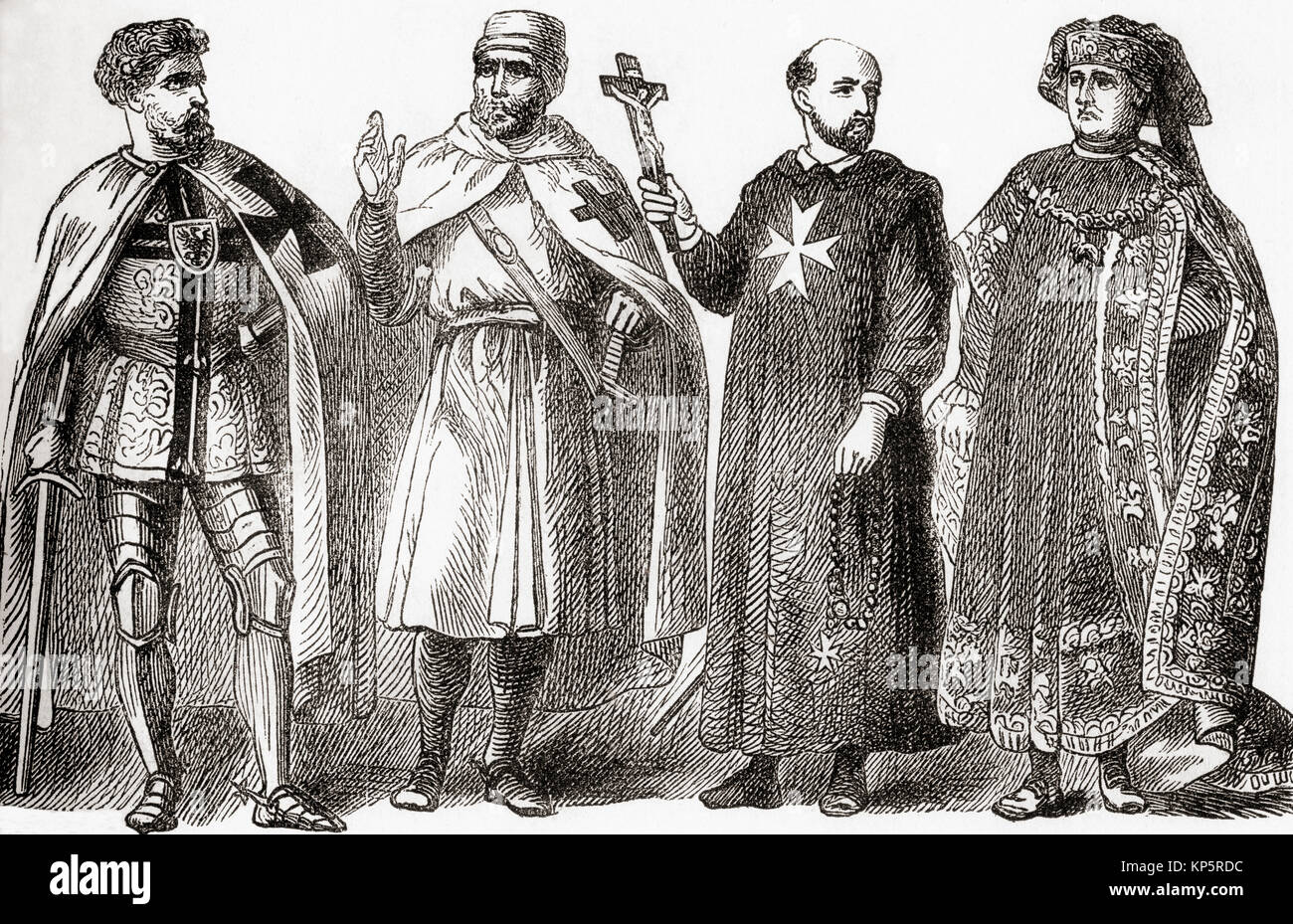 Von links nach rechts, Teutonic knight Links, Templer, Ritter von St. John und des Ordens vom Goldenen Vlies. Von Station und Lock's illustrierte Geschichte der Welt, veröffentlicht C 1882. Stockfoto