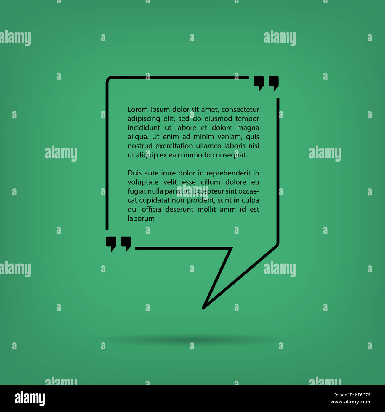 Text-Zitat-Blase in einem quadratischen grünen Hintergrund mit Schatten Stockfoto