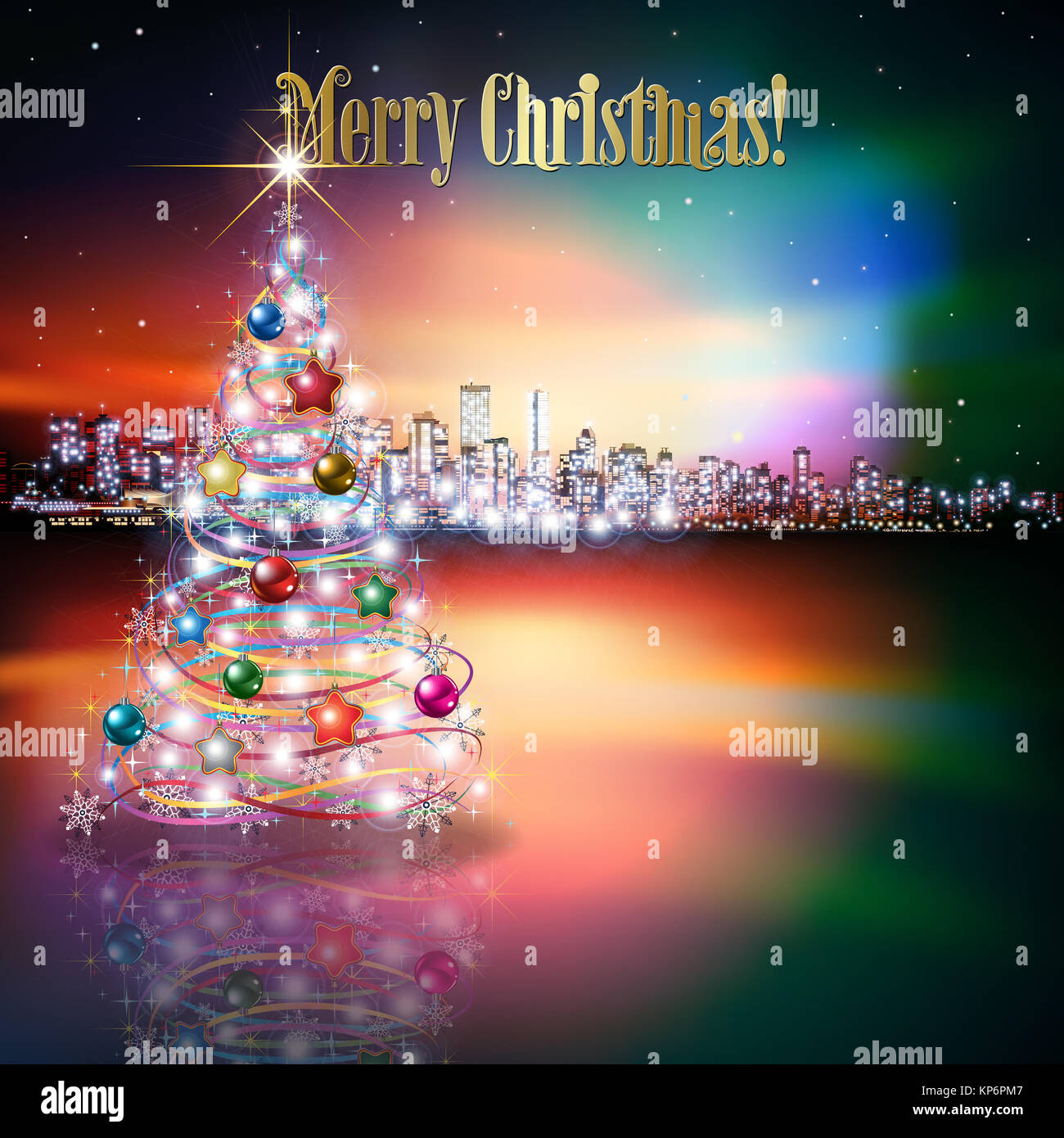 Abstrakte Weihnachtsgruß mit Silhouette der Stadt Stockfoto