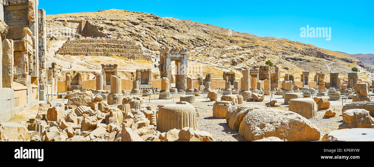 Panorama Persepolis archäologische Stätte mit emains der antiken persischen Architektur, der Iran. Stockfoto