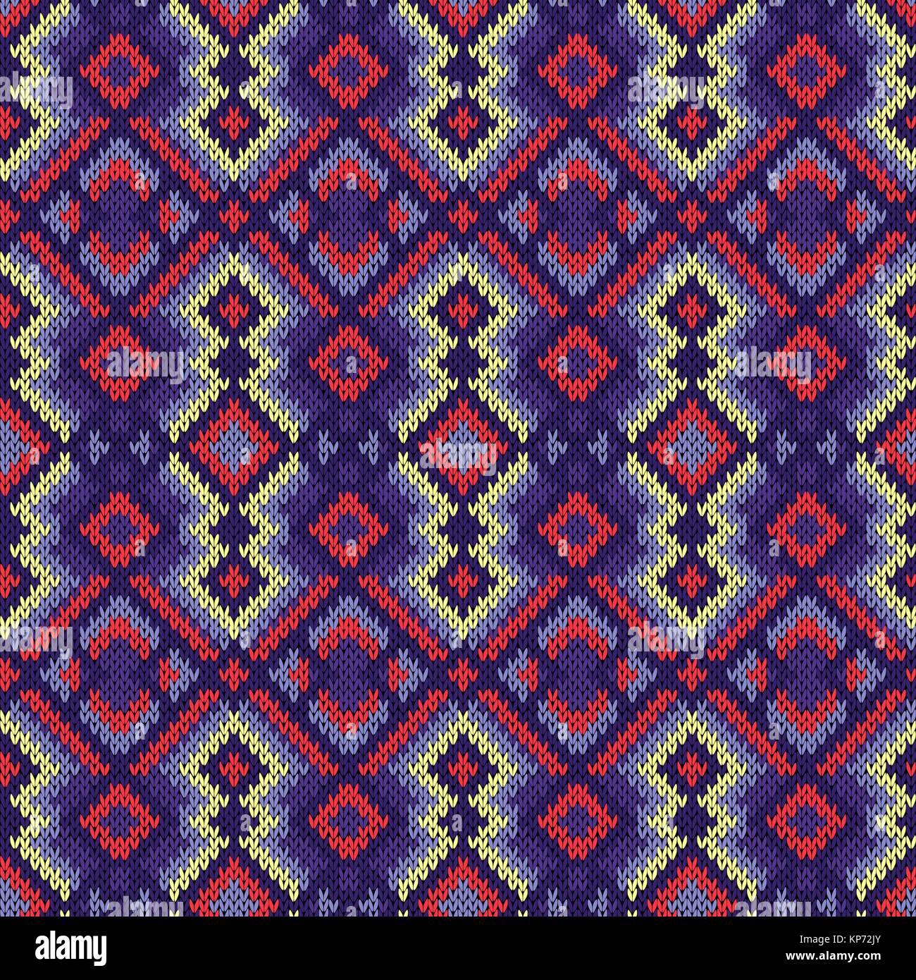 Geometrische nahtlose Zierpflanzen aus Gewirken vektor Muster vor allem in Violett, Blau, Terracotta und gelbe Farbtöne als Stoff Textur Stock Vektor