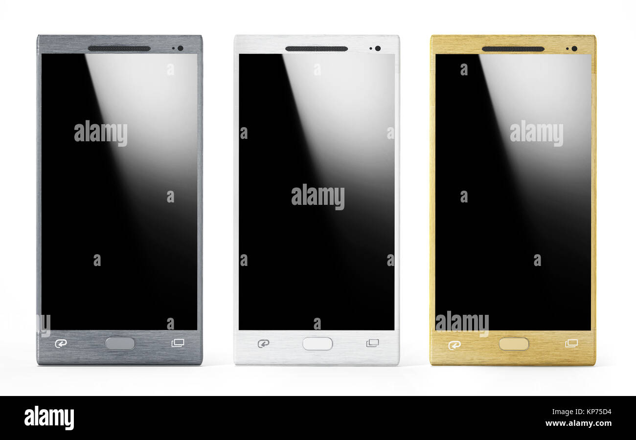 Drei Smartphones mit leeren Bildschirme auf weißem Hintergrund. 3D-Darstellung. Stockfoto