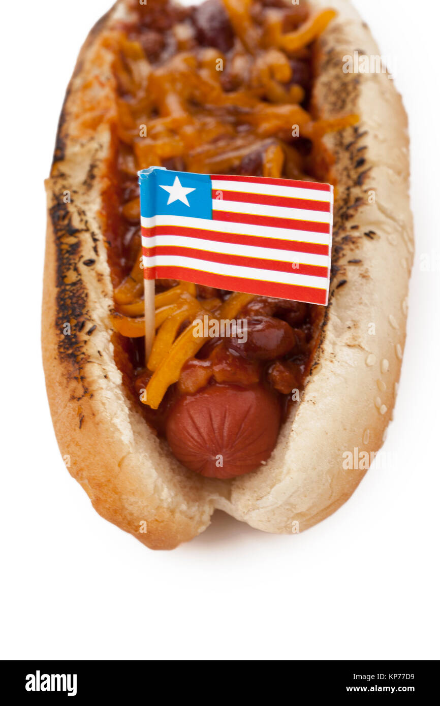 Amerikanische gegrillte Chili Hot dog Sandwich mit Käse Stockfoto