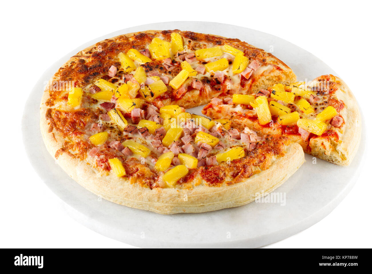 Schinken und Ananas Pizza auf einem Tablett Stockfoto