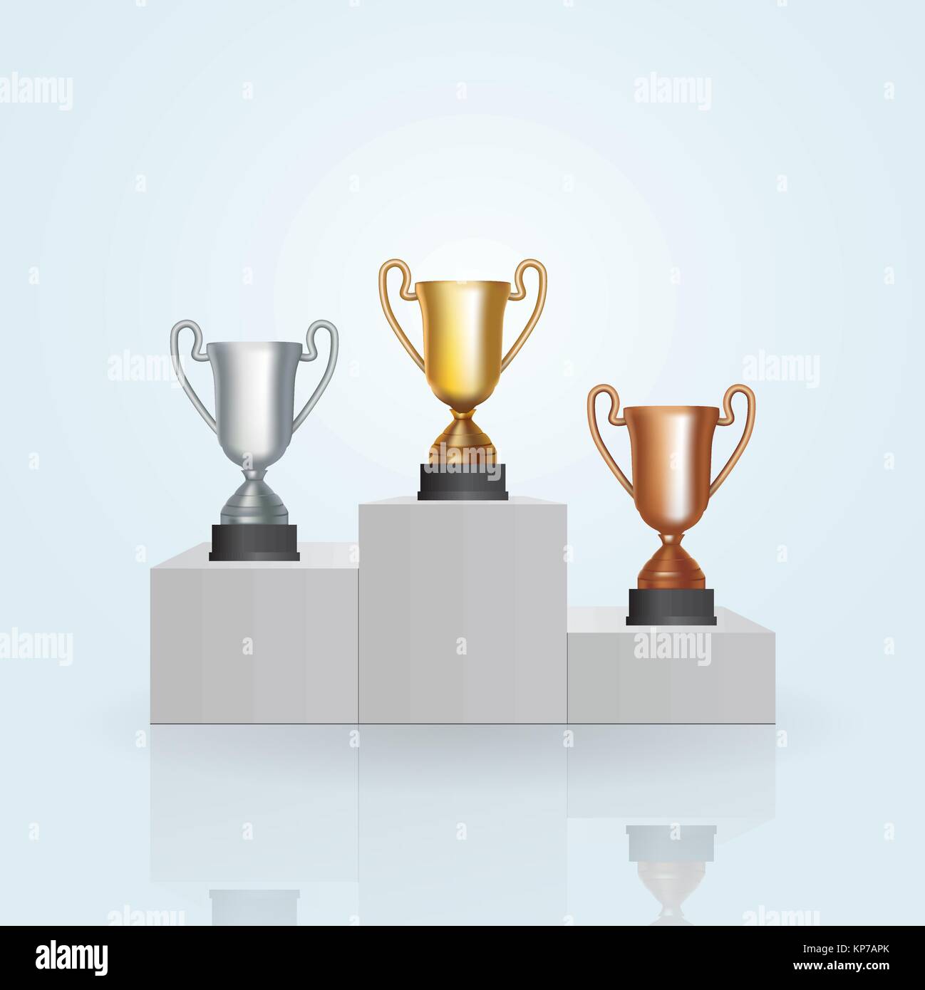 Sockel mit dem Cup Sieger der ersten (Gold), der zweite (Silber) und der dritte (Bronze) auf weißen Hintergrund. Vector Illustration Stock Vektor