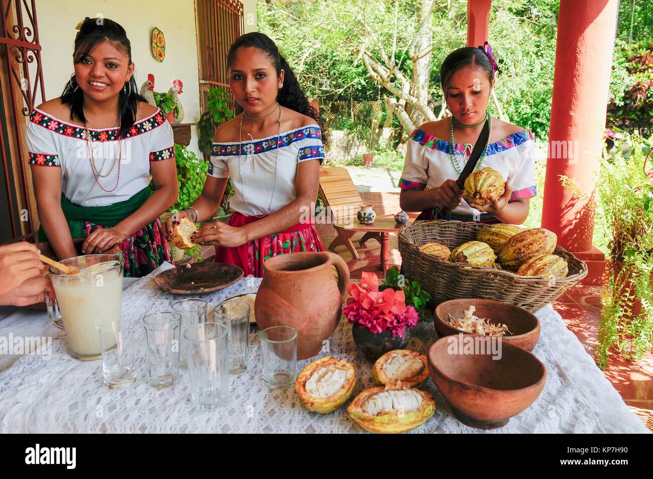 Lokale Frauen In Traditioneller Kleidung Safte Hacienda De La Luz Hacienda Wolter Finca De La Cacaotera Chontalpa Kakao Plantagen Tabasco Stockfotografie Alamy