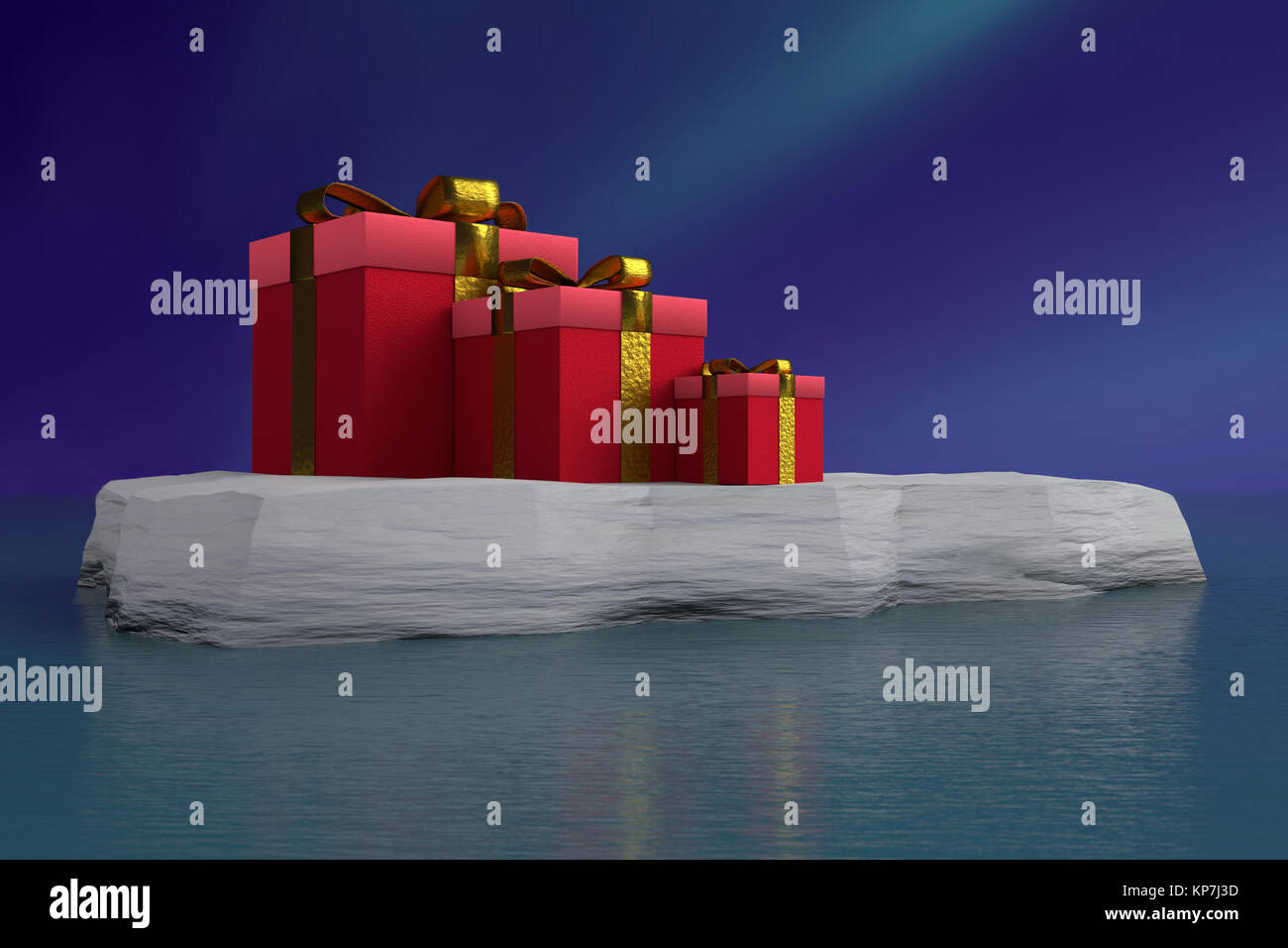3D-Rendering aus drei roten Weihnachtsgeschenk Schachteln mit goldenen Bändern auf Eisscholle treibend auf Meer Oberfläche gegen dark blue sky Stockfoto