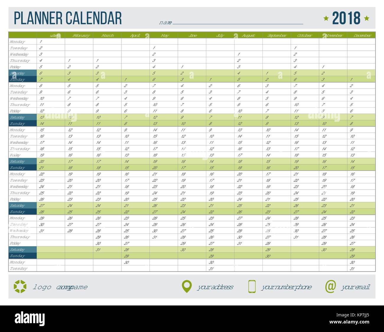 Englisch Kalender Planer Fur Das Jahr 18 12 Monate Corporate Design Planner Template Grosse Druckbare Kalender Vorlagen Stock Vektorgrafik Alamy