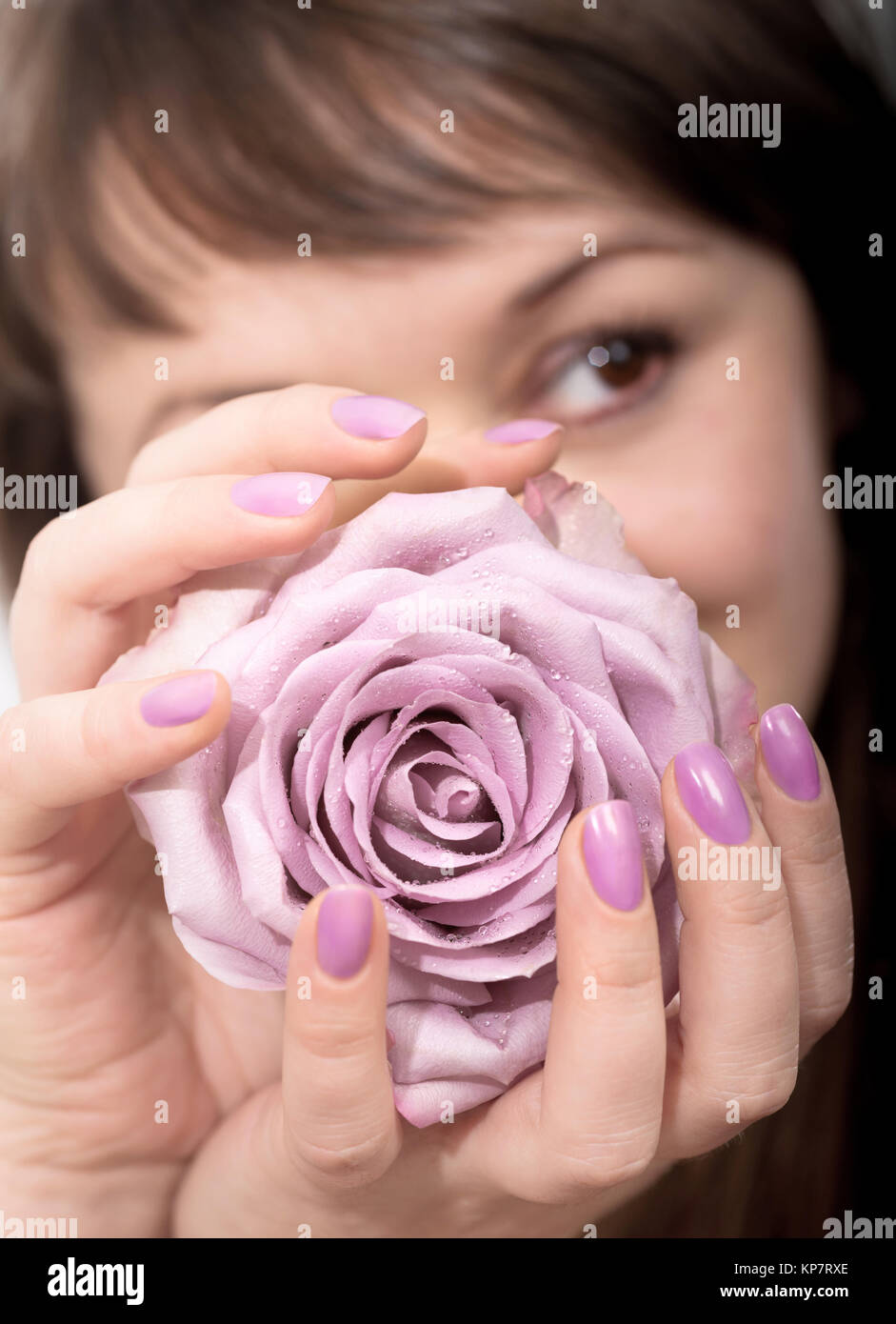 Junge Frau mit Pastell flieder Maniküre hält eine blass rosa Blume Stockfoto