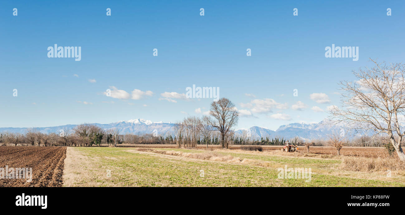 Agrarlandschaft. Mit Traktor, ein Feld zu pflügen. Die Berge im Hintergrund. Stockfoto