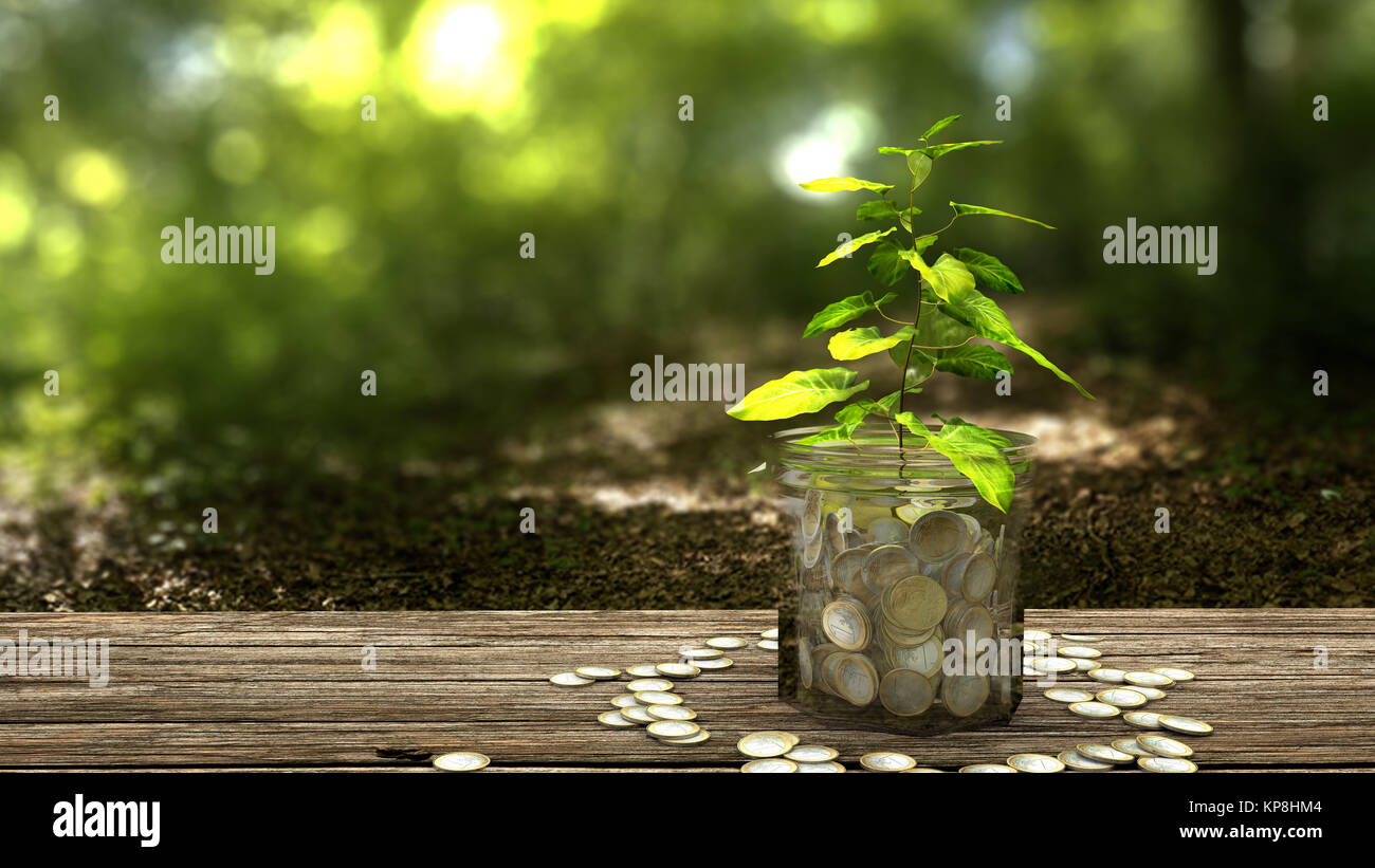 Pflanze wächst aus Geld Glas. Konzept der Geldanlage. Stockfoto