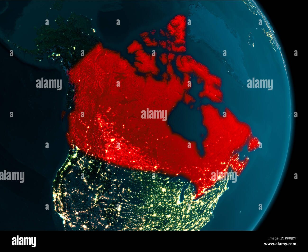 Abbildung: Kanada als aus der Umlaufbahn der Erde bei Nacht gesehen. 3D-Darstellung. Elemente dieses Bild von der NASA eingerichtet. Stockfoto