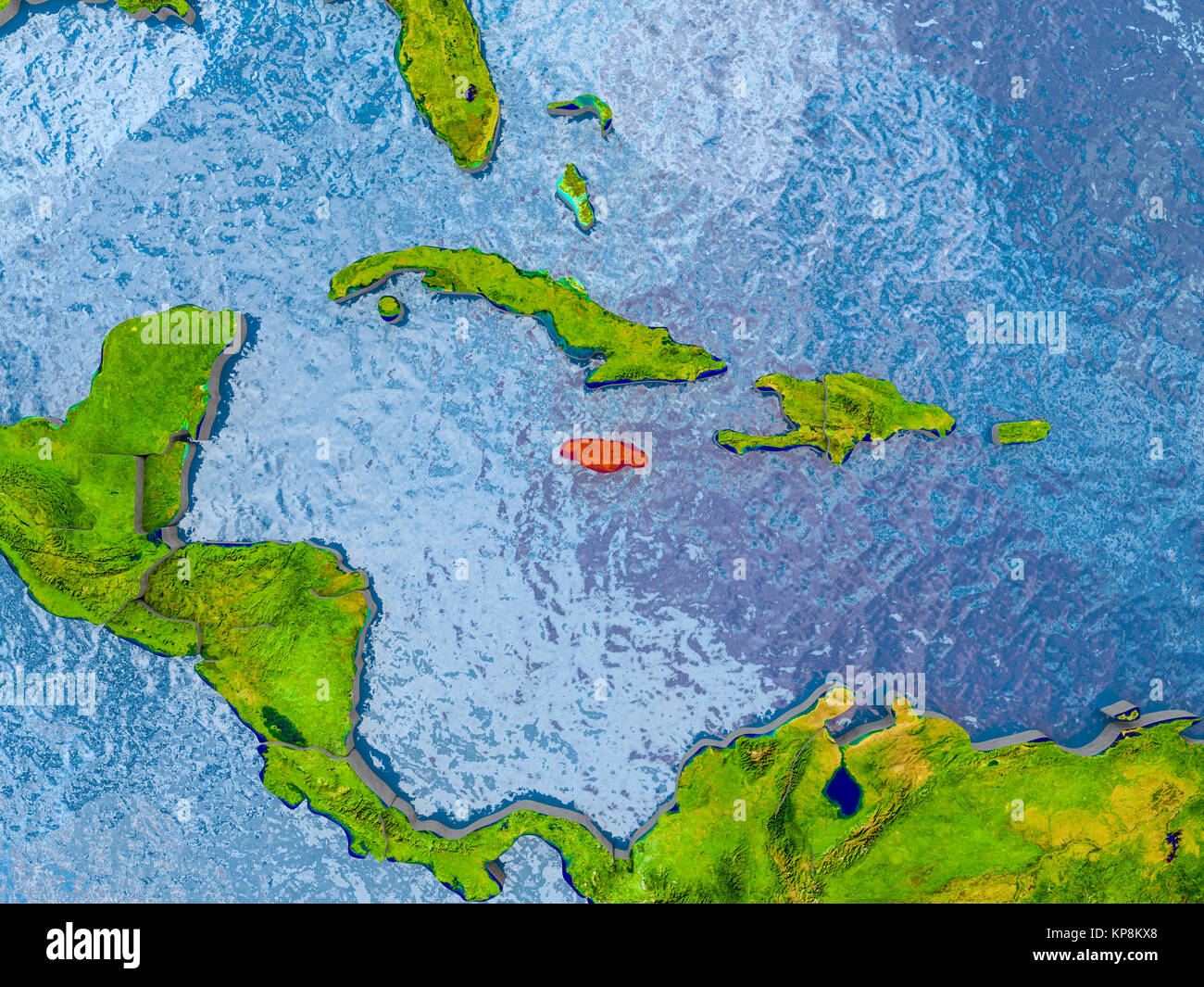 Jamaika in Rot auf realistische Karte mit geprägten Ländern. 3D-Darstellung. Elemente dieses Bild von der NASA eingerichtet. Stockfoto