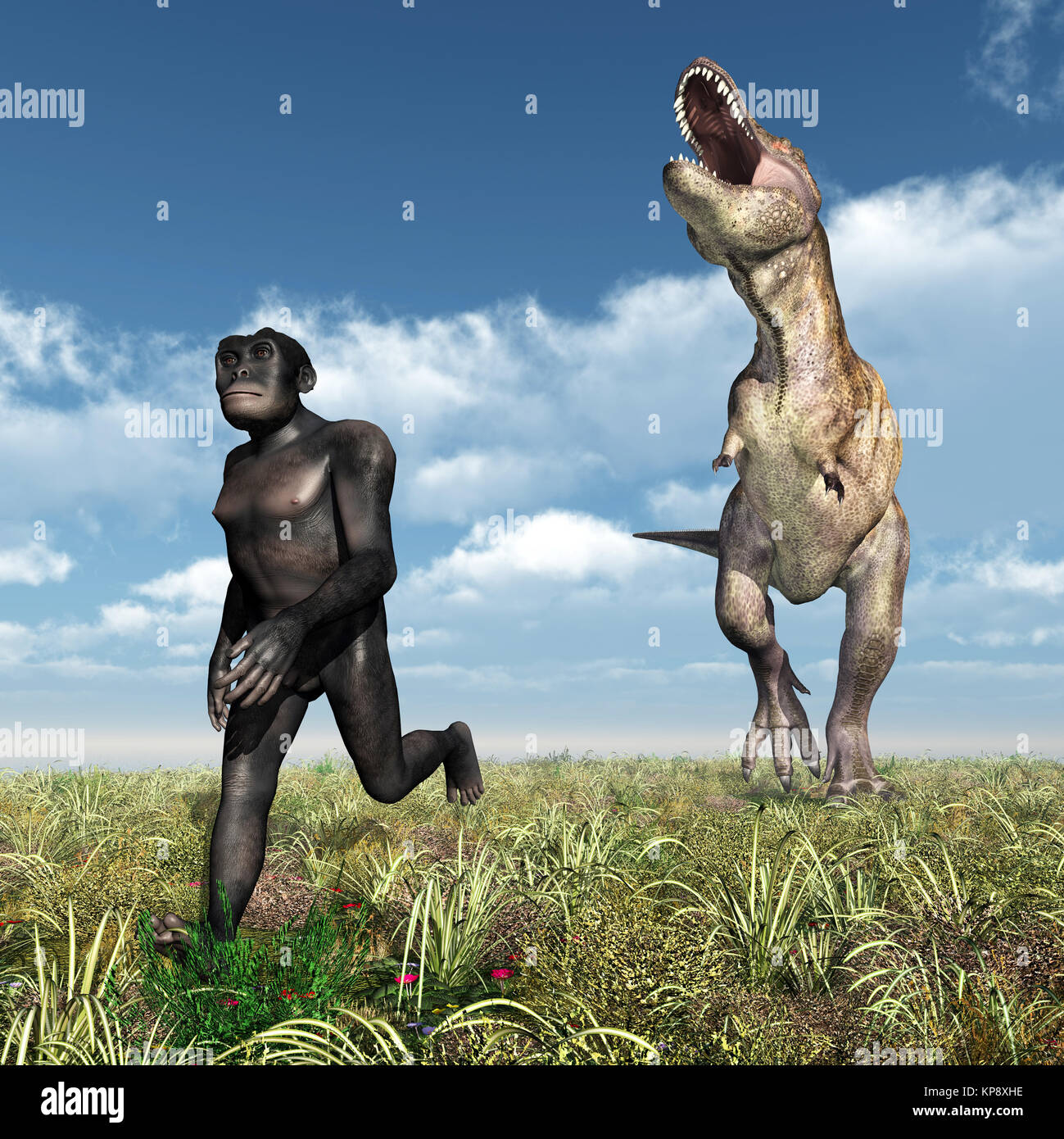 Tyrannosaurus rex Angriffe der Homo habilis Stockfoto