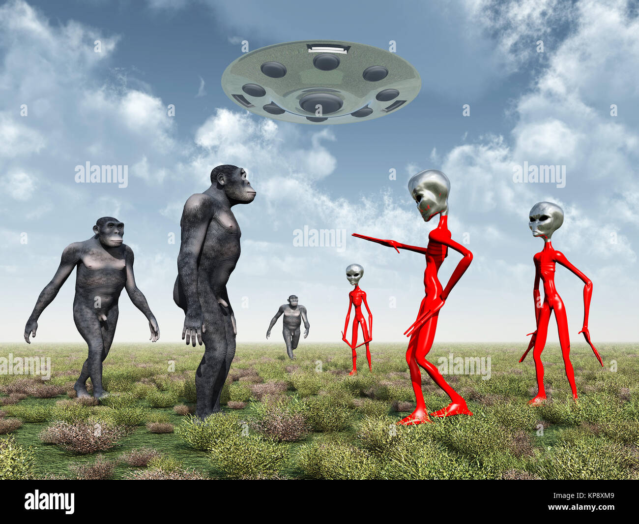 Außerirdische entdecken Homo Habilis auf der Erde Stockfoto