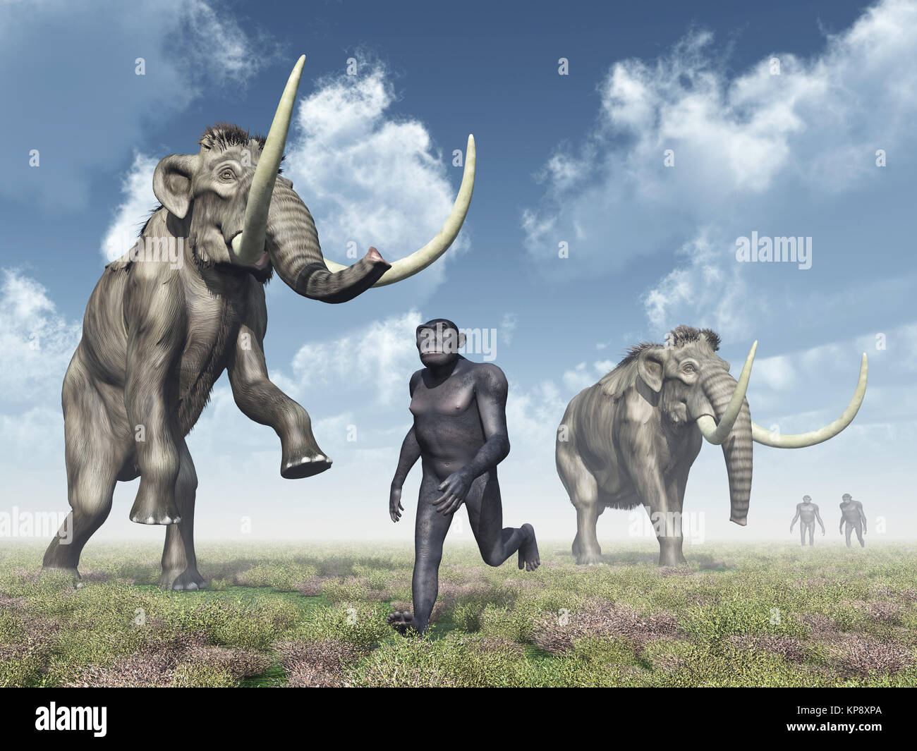 Homo habilis und Mammuts Stockfoto