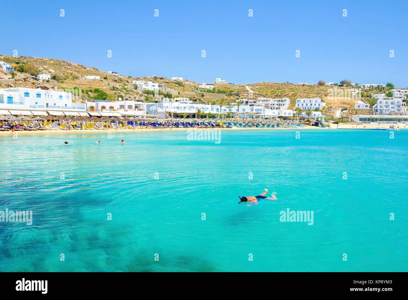 Strand von Platis Gialos, Mykonos, Griechenland Stockfoto