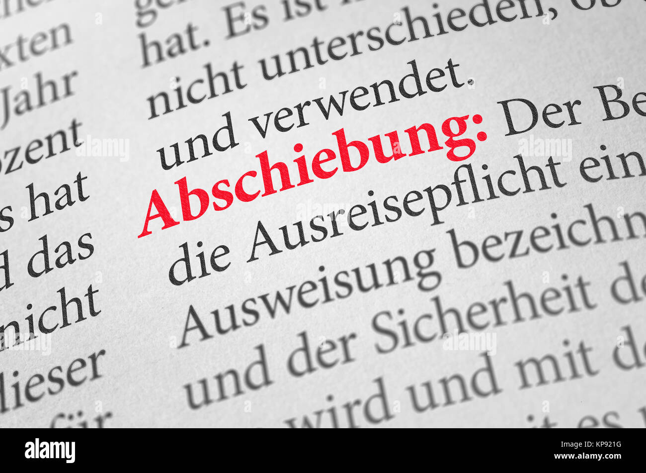 Wörterbuch mit dem Begriff Abschiebung Stockfoto