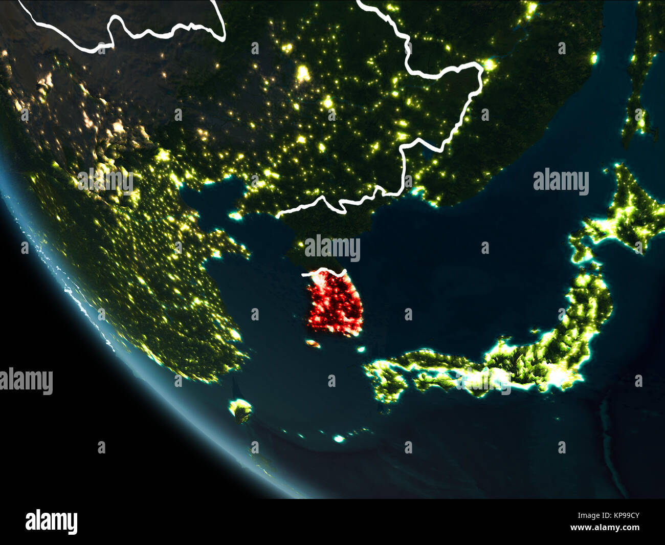 Satellitenansicht von Südkorea in Rot hervorgehoben auf dem Planeten Erde bei Nacht mit Grenzen und die Lichter der Stadt. 3D-Darstellung. Elemente dieses Bild fu Stockfoto