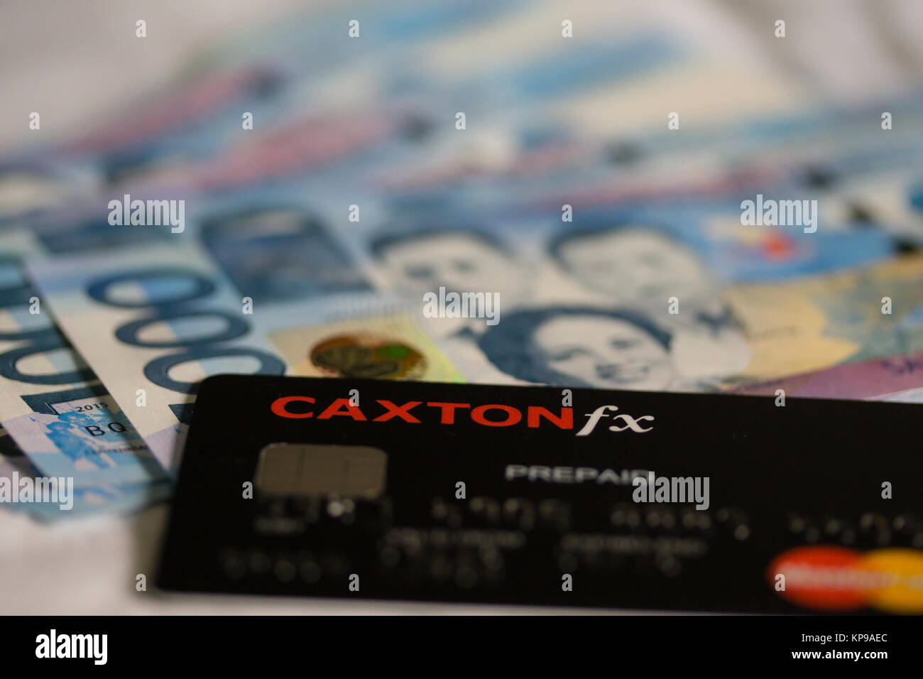 Konzept Bild von Urlaub mit einem Caxton FX prepiad Währung Karte. Stockfoto