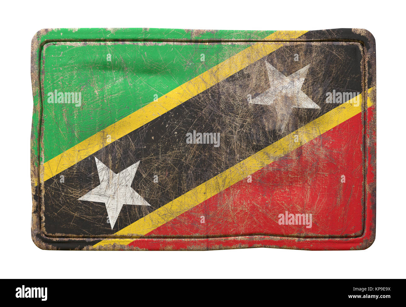 3D-Rendering für eine Saint Christopher und Nevis Flagge über eine rostige Metallplatte. Auf weissem Hintergrund. Stockfoto