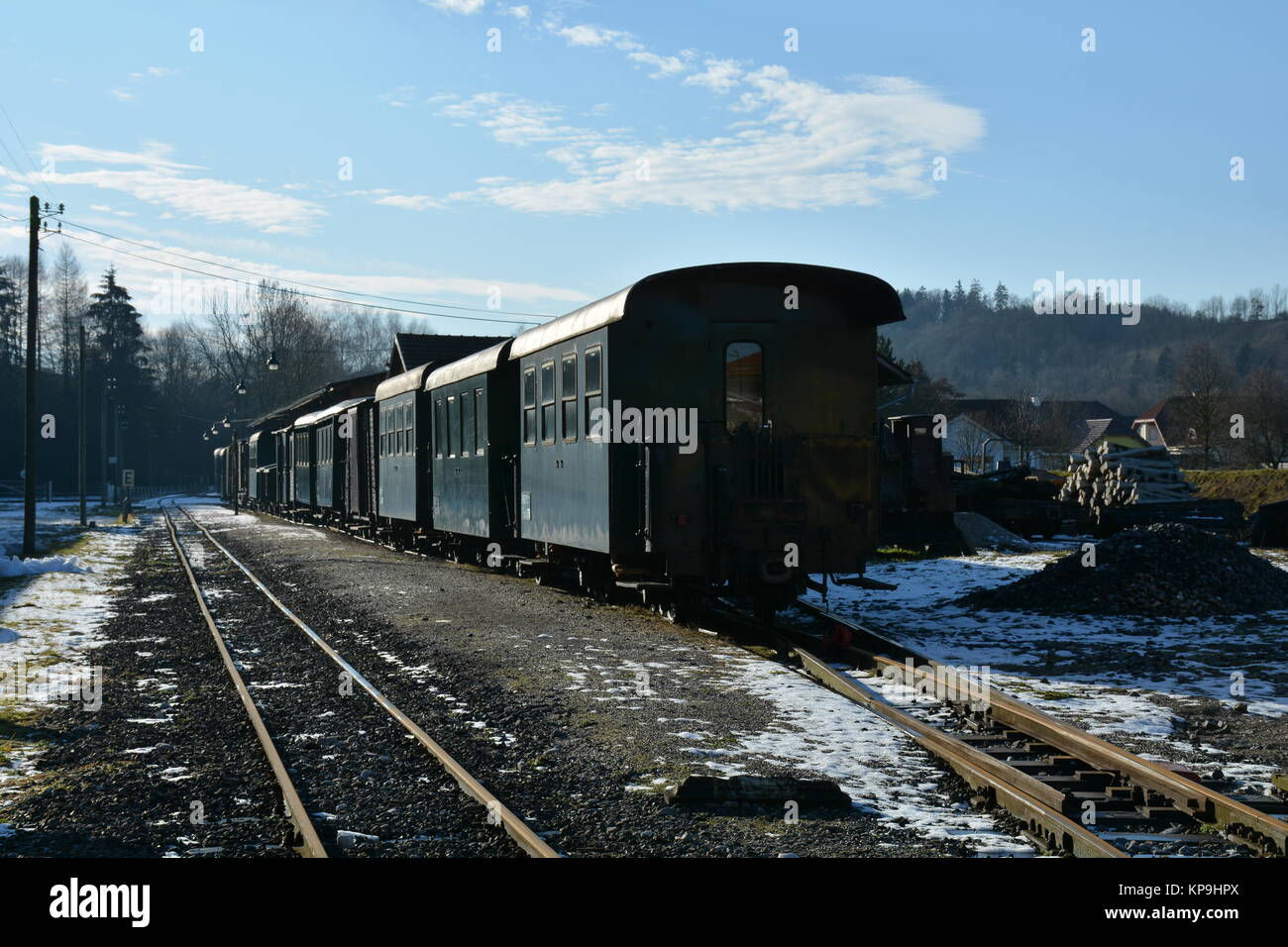 Zug,Waggon,Waggon,Personenwagen,Güterwaggon,Aschach an der Steyr,Steyr Talbahn,Schmalspurbahn Stockfoto