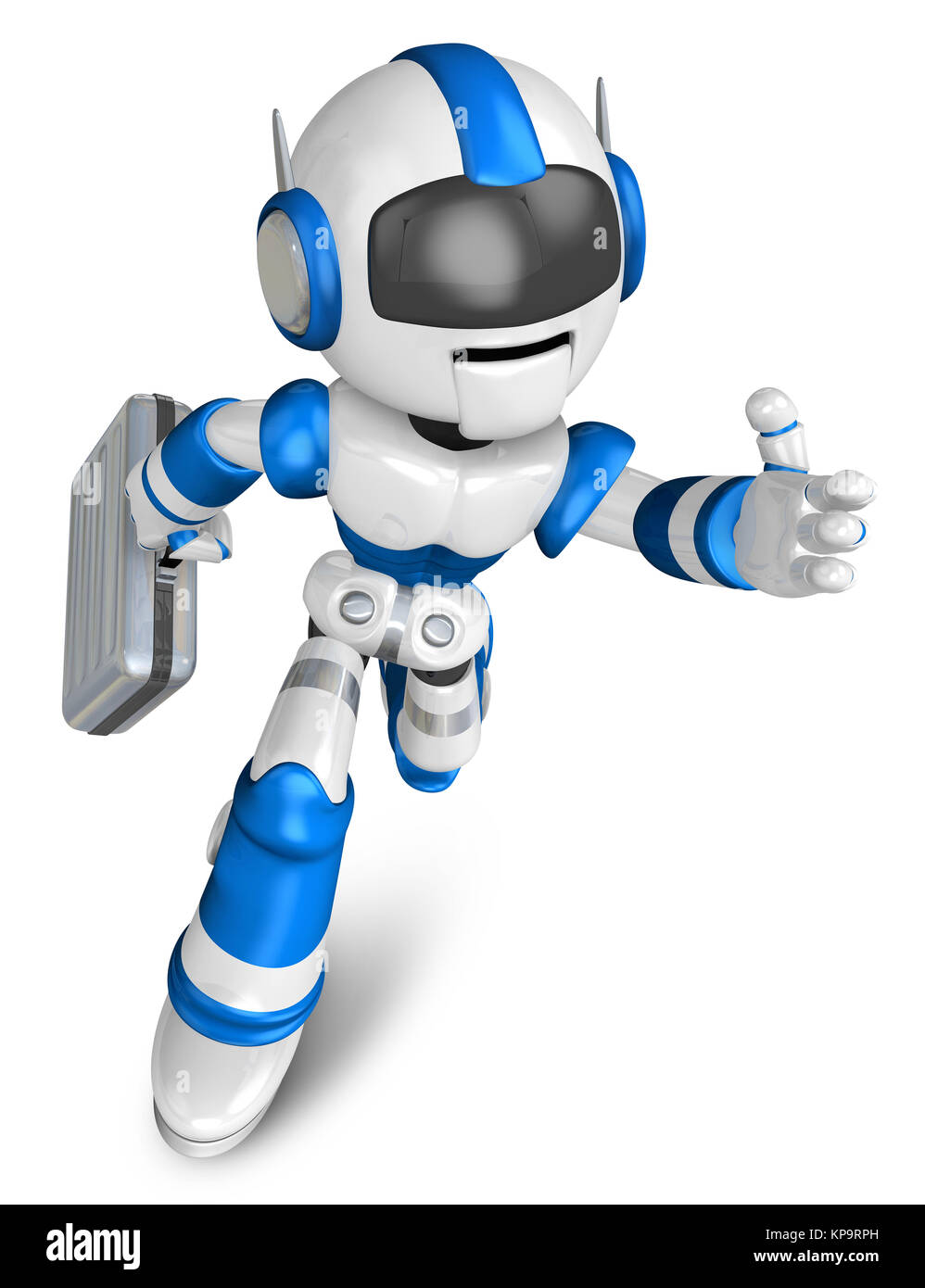 Blauer Roboter Charakter Holding einen Aktenkoffer geht nach vorne läuft. Erstellen Sie 3D-humanoide Roboter der Serie. Stockfoto