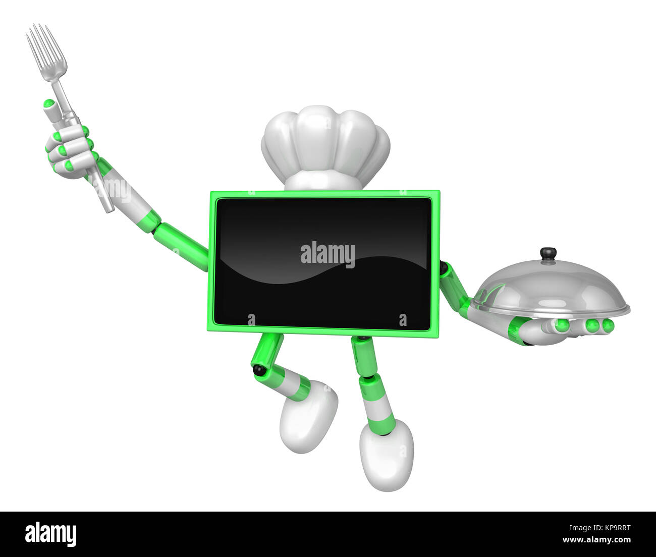 Chef Green TV Charakter Koch in beiden Händen eine Gabel und Topf halten. Erstellen Sie 3D-Fernsehen Roboter Serie. Stockfoto