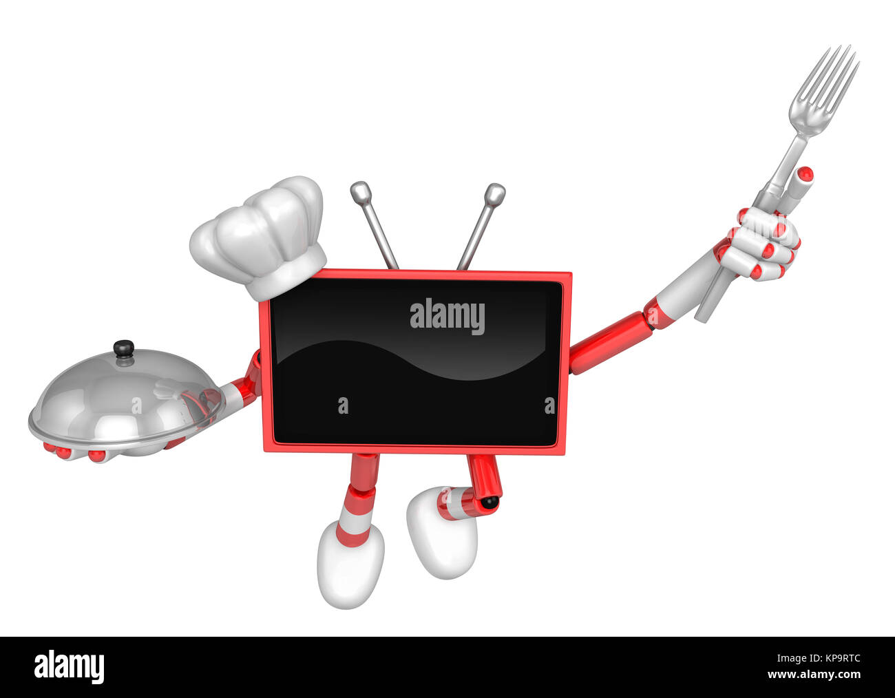 Koch Rot TV Charakter Koch in beiden Händen eine Gabel und Topf halten. Erstellen Sie 3D-Fernsehen Roboter Serie. Stockfoto