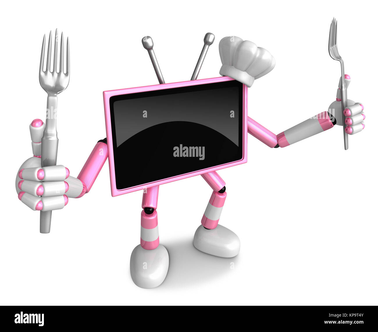Pink TV Charakter Koch in beiden Händen eine Gabel halten. Gehen Sie zu Fuß gehen. Erstellen Sie 3D-Fernsehen Roboter Serie. Stockfoto