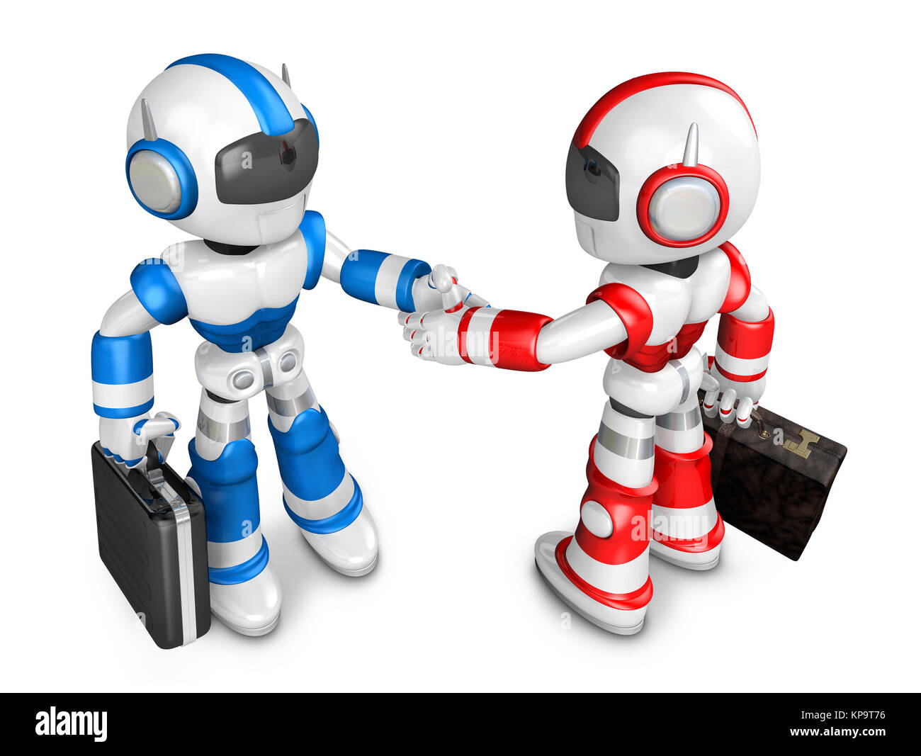 Hände schütteln Blau und Rot Roboter Roboter einander gegenüber. Erstellen Sie 3D-humanoide Roboter der Serie. Stockfoto