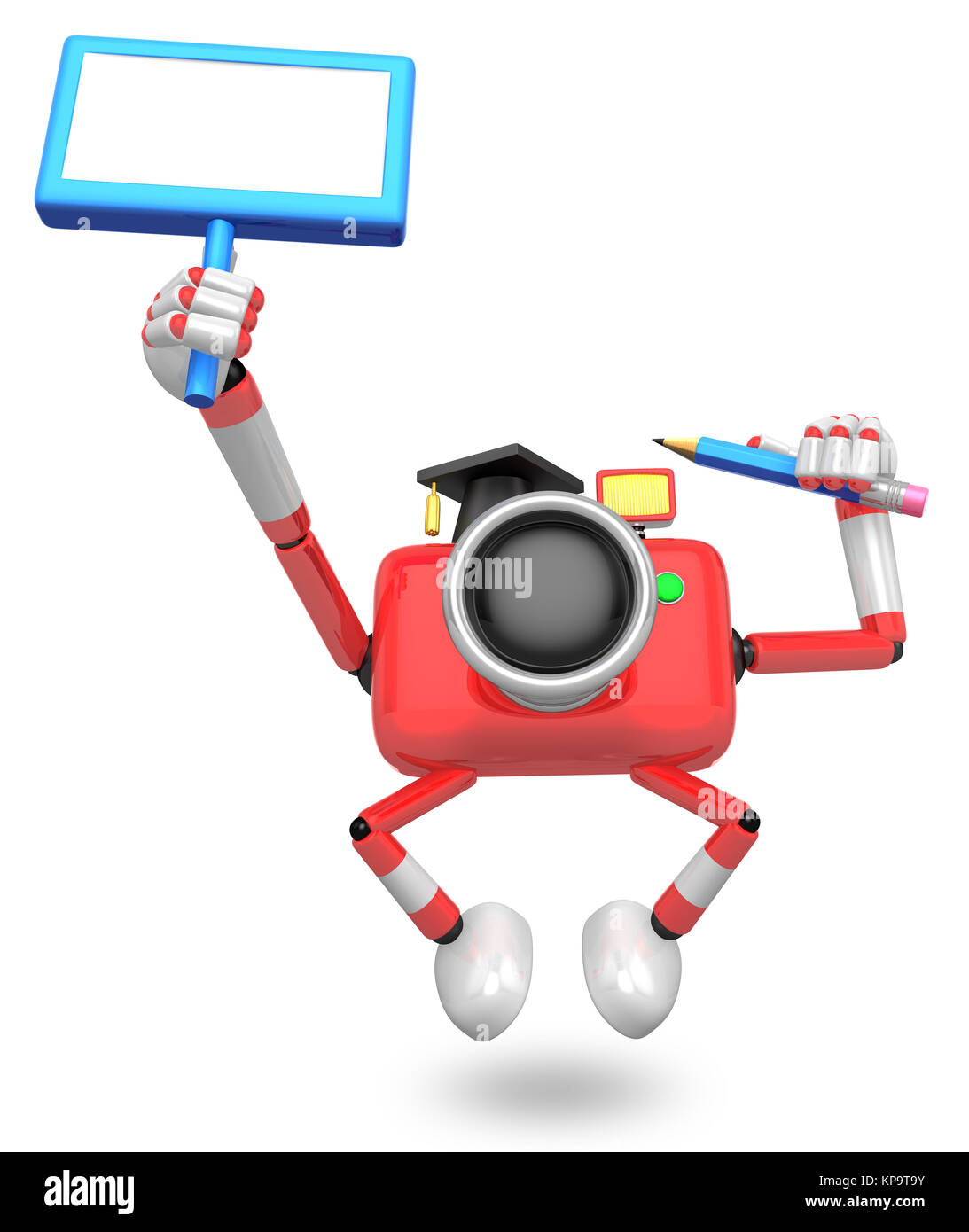 Die linke Hand hält das Board Lehrer Rot Kamera Charakter. Die rechte Hand Bleistift. Erstellen Sie 3D-Kamera Roboter Serie. Stockfoto