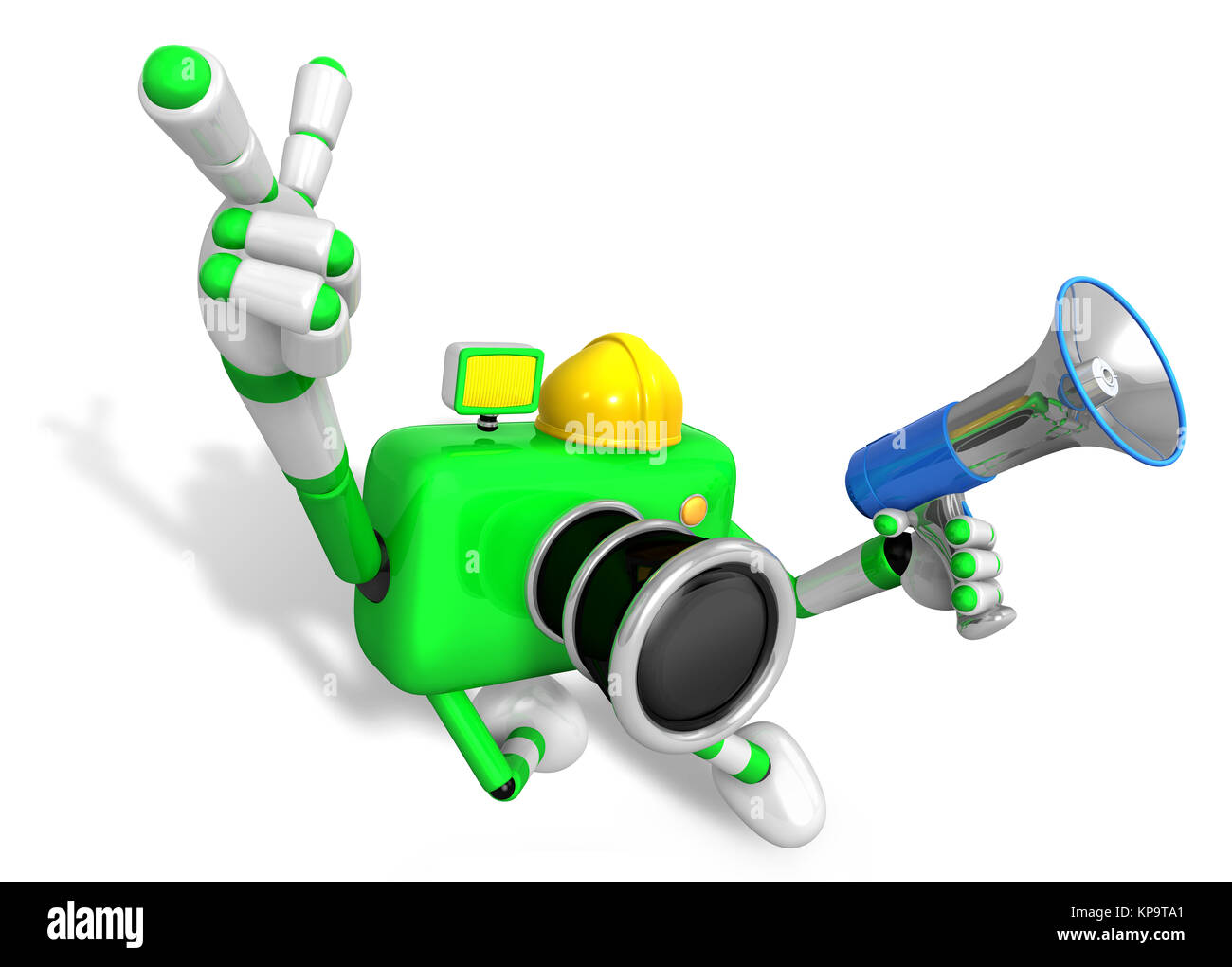 Die linke Ziffer der Finger Ingenieur grüne Kamera Charakter. Die rechte Hand hält ein Lautsprecher. Erstellen Sie 3D-Kamera Roboter Serie. Stockfoto