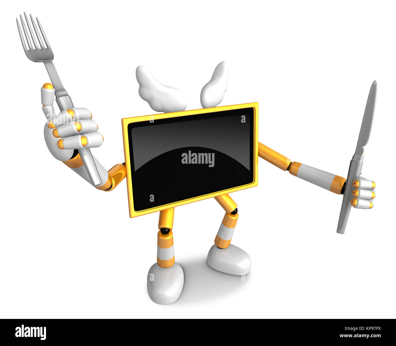 Gelb TV Charakter Koch in beiden Händen eine Gabel und Messer zu halten. Gehen Sie zu Fuß gehen. Erstellen Sie 3D-Fernsehen Roboter Serie. Stockfoto