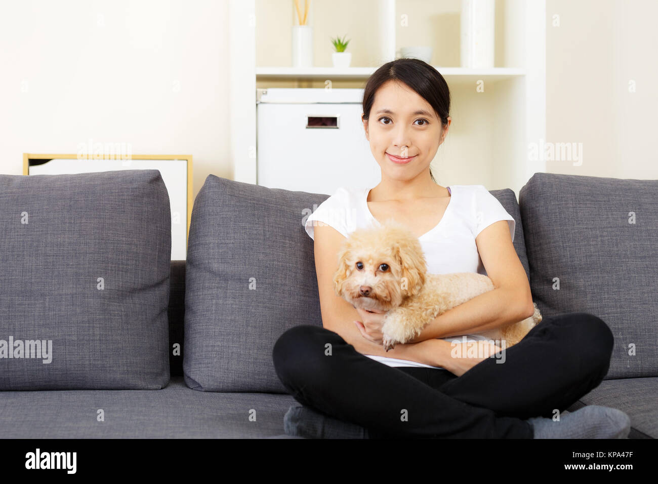 Asien Frau und Pudel Hund zu Hause Stockfoto