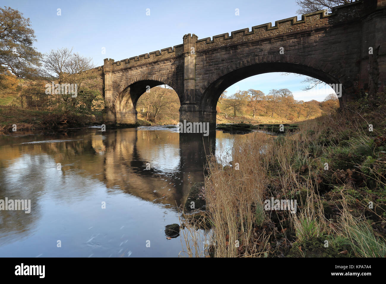 Eine Brücke und Aquädukt über den Fluss Strid Wharfe im Wald, in der Nähe von Bolton Abbey in Yorkshire Dales National Park, North Yorkshire, England, Großbritannien Stockfoto