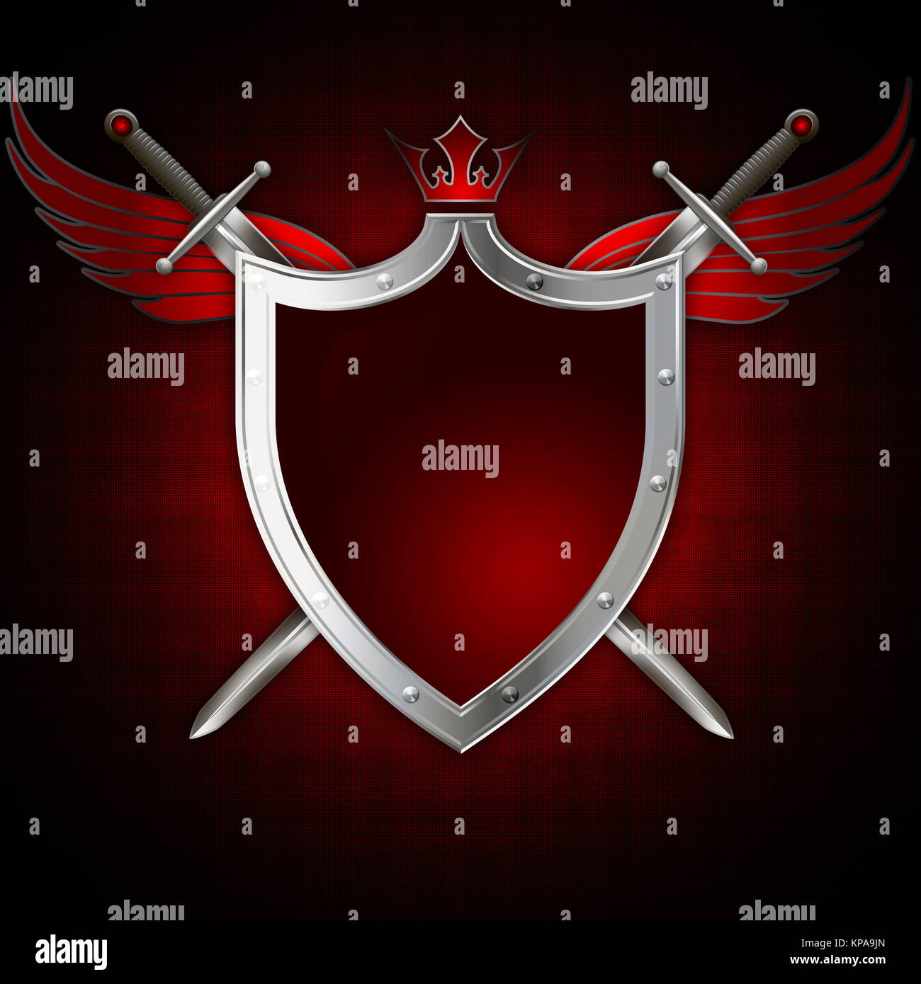 Alte Schild mit Schwertern, rote Krone und roten Flügeln auf dunklen roten Hintergrund. Stockfoto