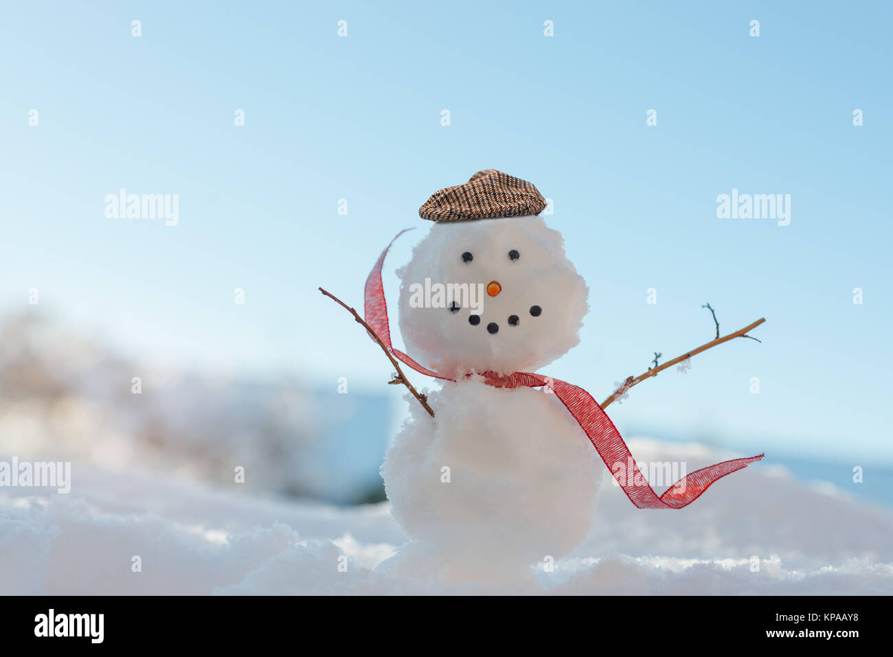 Glücklich lächelnde Schneemann im Winter Sonnenschein Stockfoto