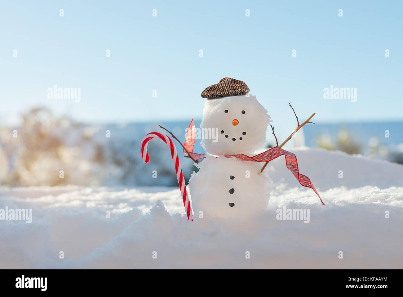 Glücklich lächelnde Schneemann im Winter Sonne trägt ein flacher Deckel Stockfoto