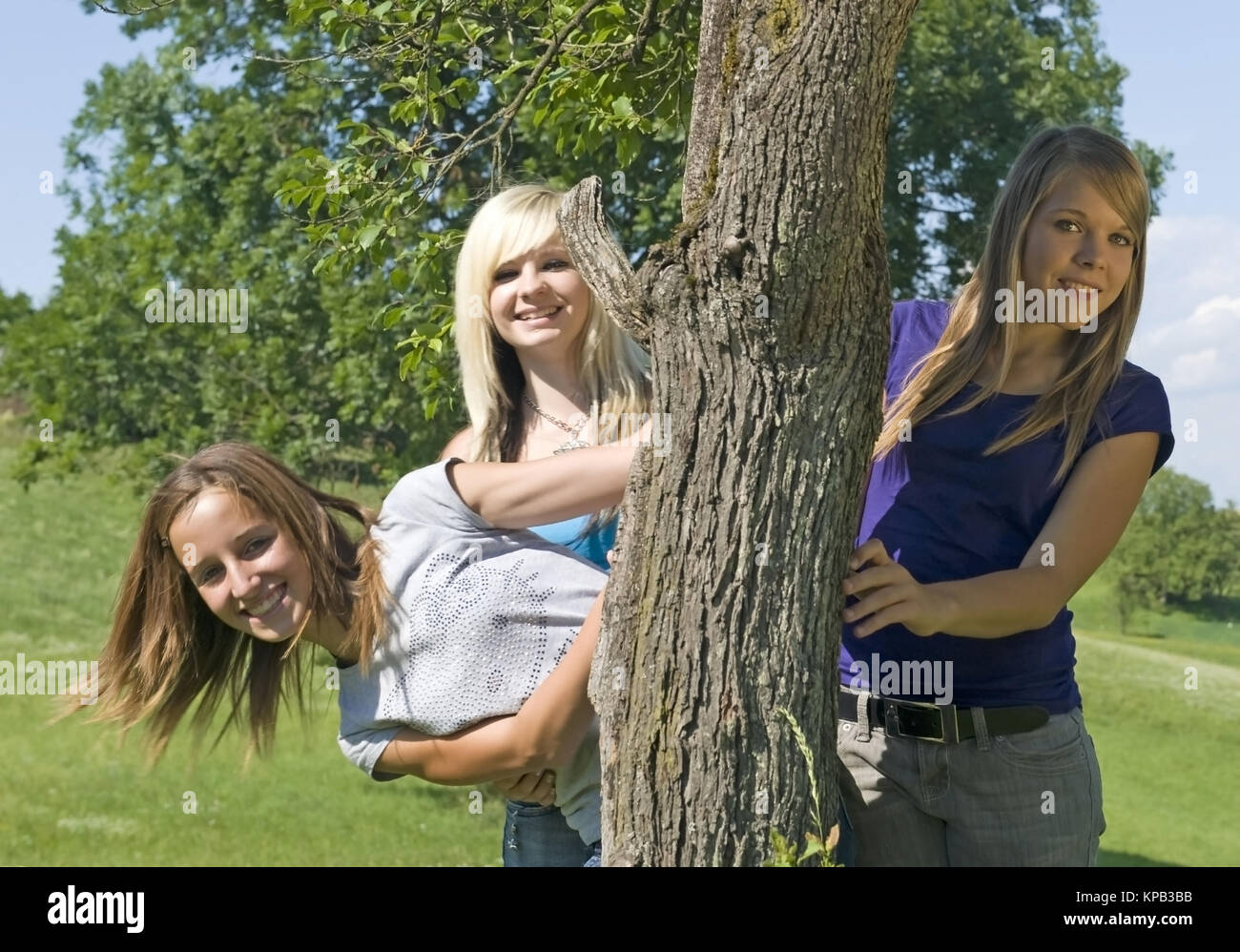 Model Release, Drei Jugendliche näher Schauen Hinter Baumstamm Hervor - drei Mädchen im Teenageralter außerhalb Stockfoto