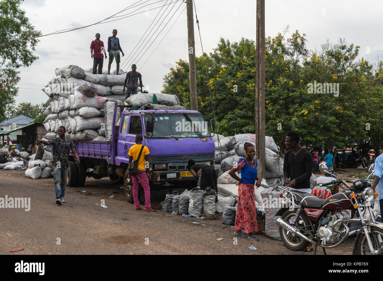 Laden Säcke von Gari zu verschiedenen lokalen Märkte, Dorf in der Nähe von Mafi-Kumase, Volta Region, Ghana, Afrika transportiert werden. Stockfoto