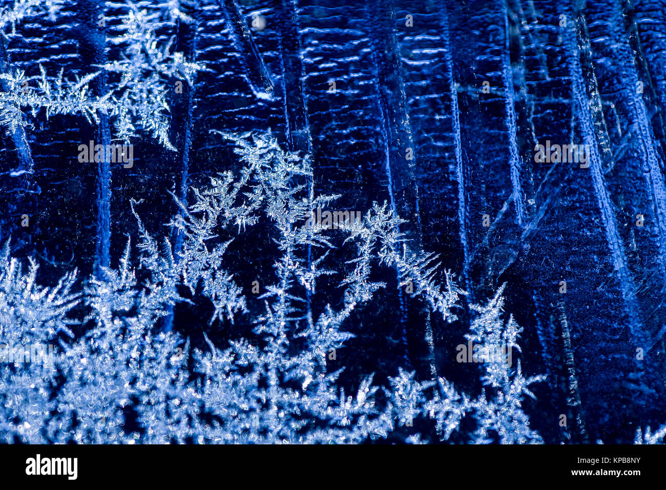 Eiskristalle am Fenster gegen einen kalten, blauen Hintergrund Stockfoto